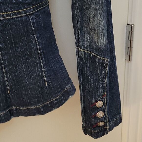 ROCAWEAR Distressed Denim Pink Bedazzled Glam Rock Jean Jacket - Picture 3 of 12